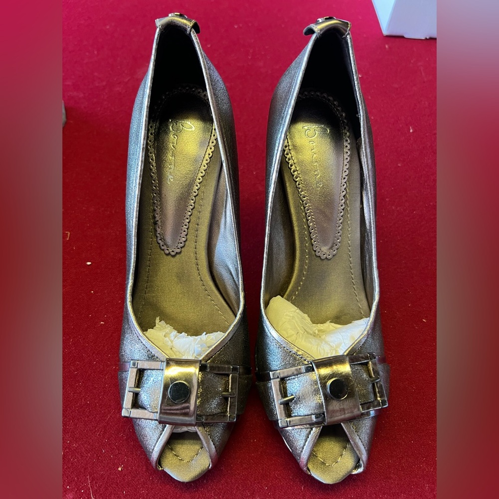 Bourne Metallic Peep-Toe Heels with Buckle